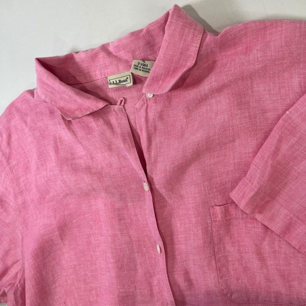 LL Bean Button Down Shirt Women XL Pink 100% Linen Short Sleeve Coastal Preppy